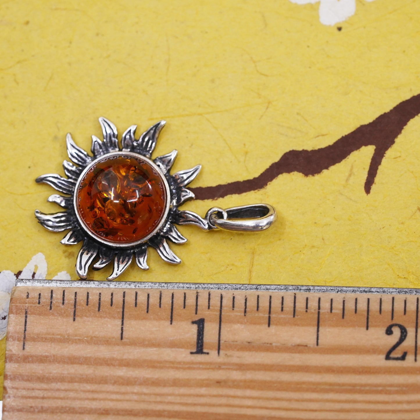 Vintage Sterling 925 silver handmade Sun pendant with Amber