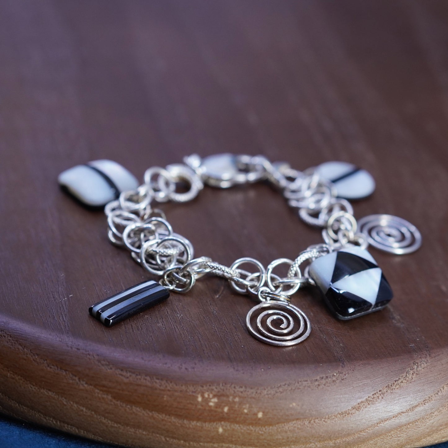 5.5”, Sterling silver bracelet, textured 925 circle chain glass swirly Charms