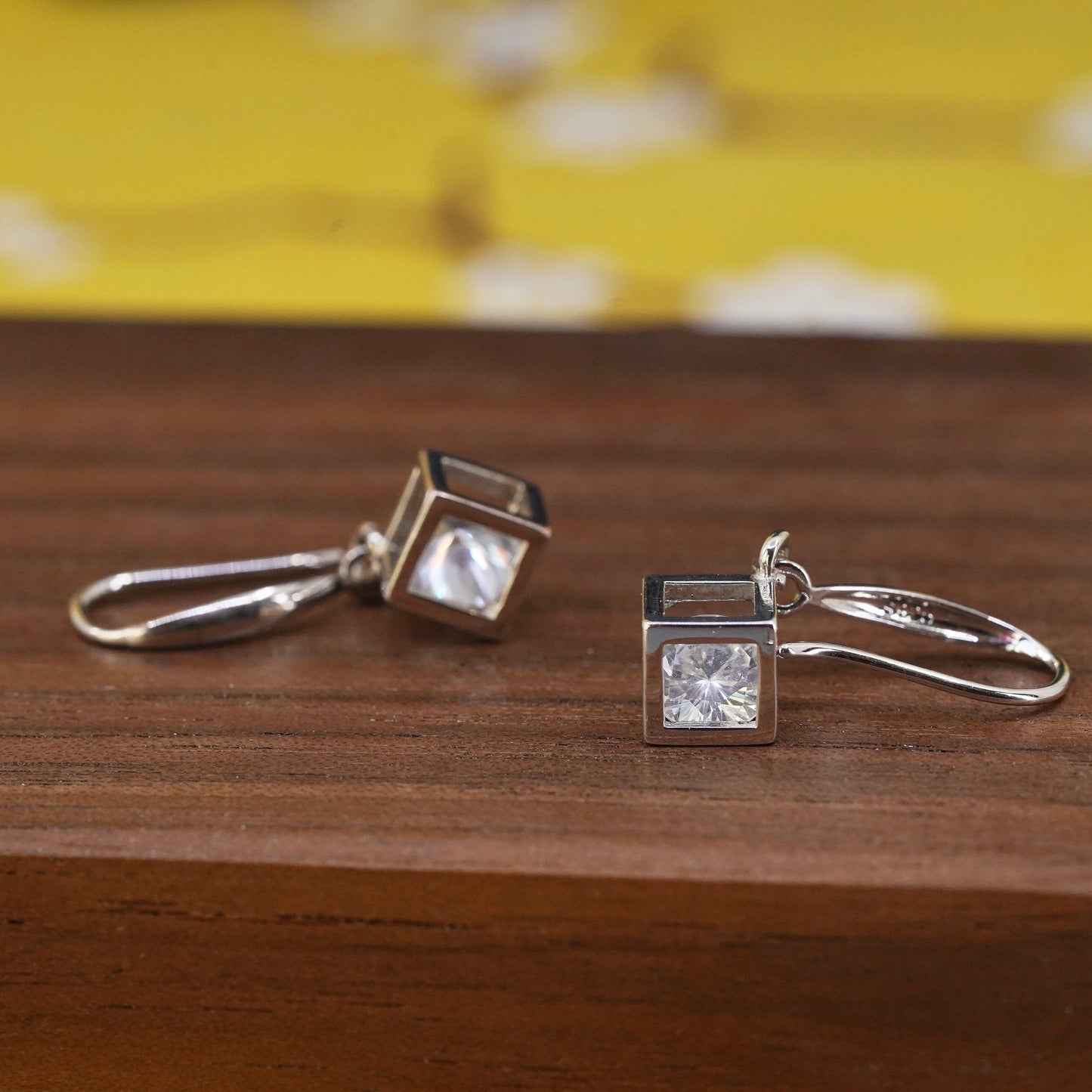 Vintage Sterling 925 silver handmade earrings with CZ cube cage dangles