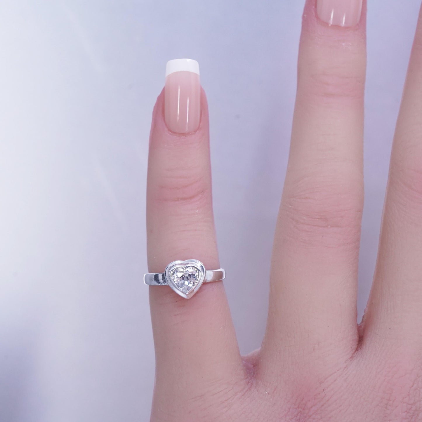 Size 3.25 vintage Sterling 925 silver engagement double ring with heart Cz