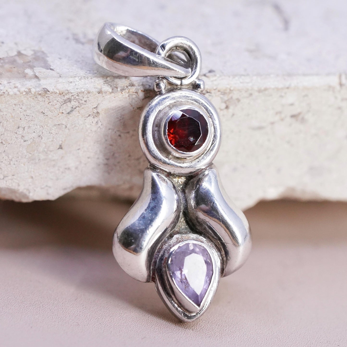 Vintage Sterling silver 925 handmade pendant with ruby and amethyst