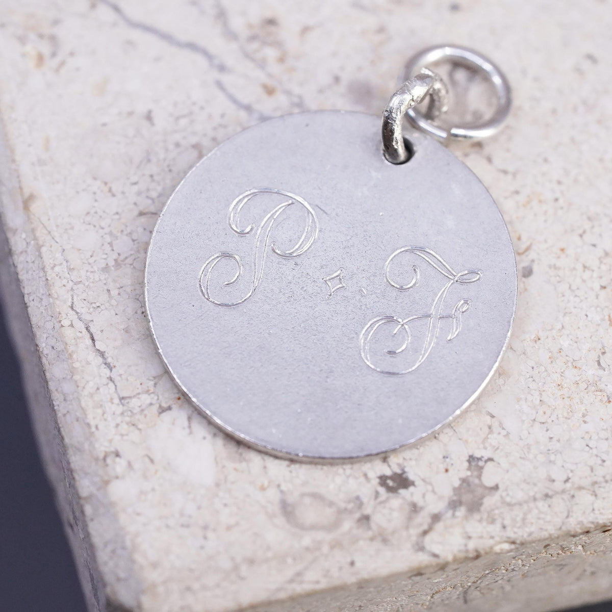 sterling silver pendant, 925 circle tag laser engraved initial "PF", monogram