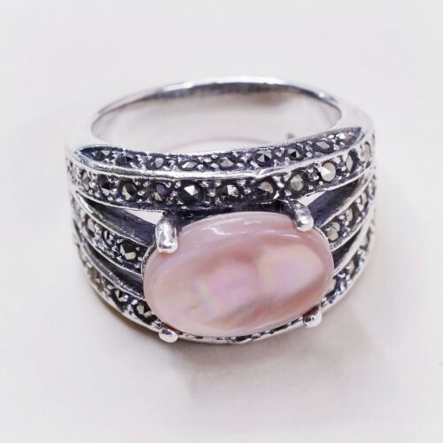 Sz 6.75, Vtg Sterling 925 Silver handmade Ring W/ Mother Of Pearl n marcasite