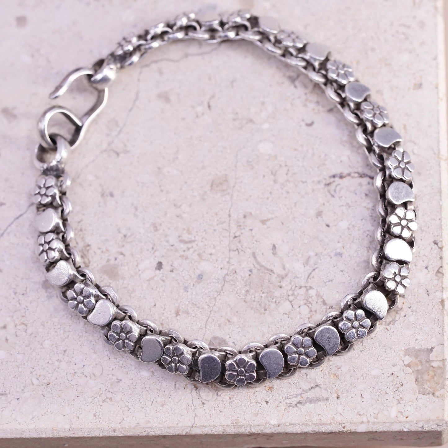 7.25", vintage Sterling silver handmade tennis bracelet, 925 flower links