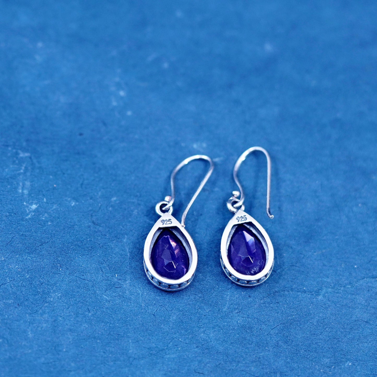 Vintage sterling 925 silver handmade teardrop earrings with amethyst