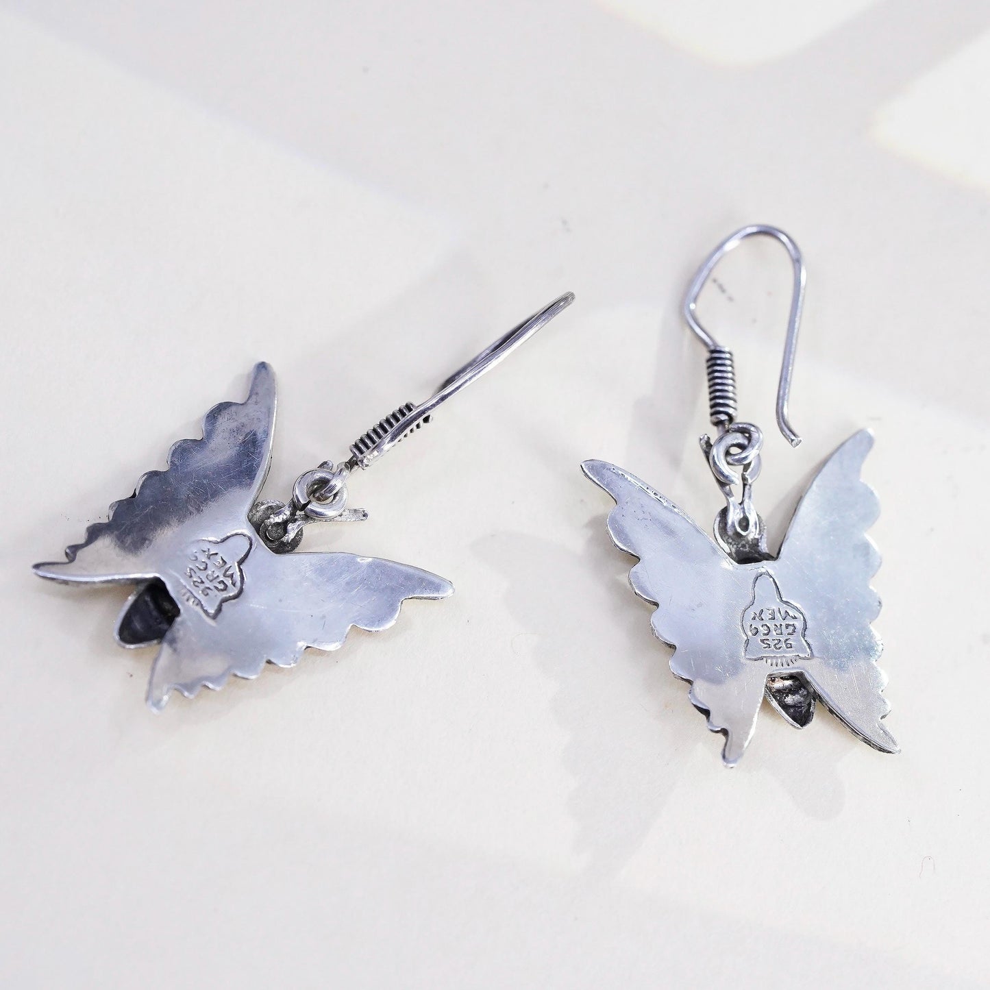 Vintage Mexican sterling silver handmade earrings, 925 butterfly with abalone