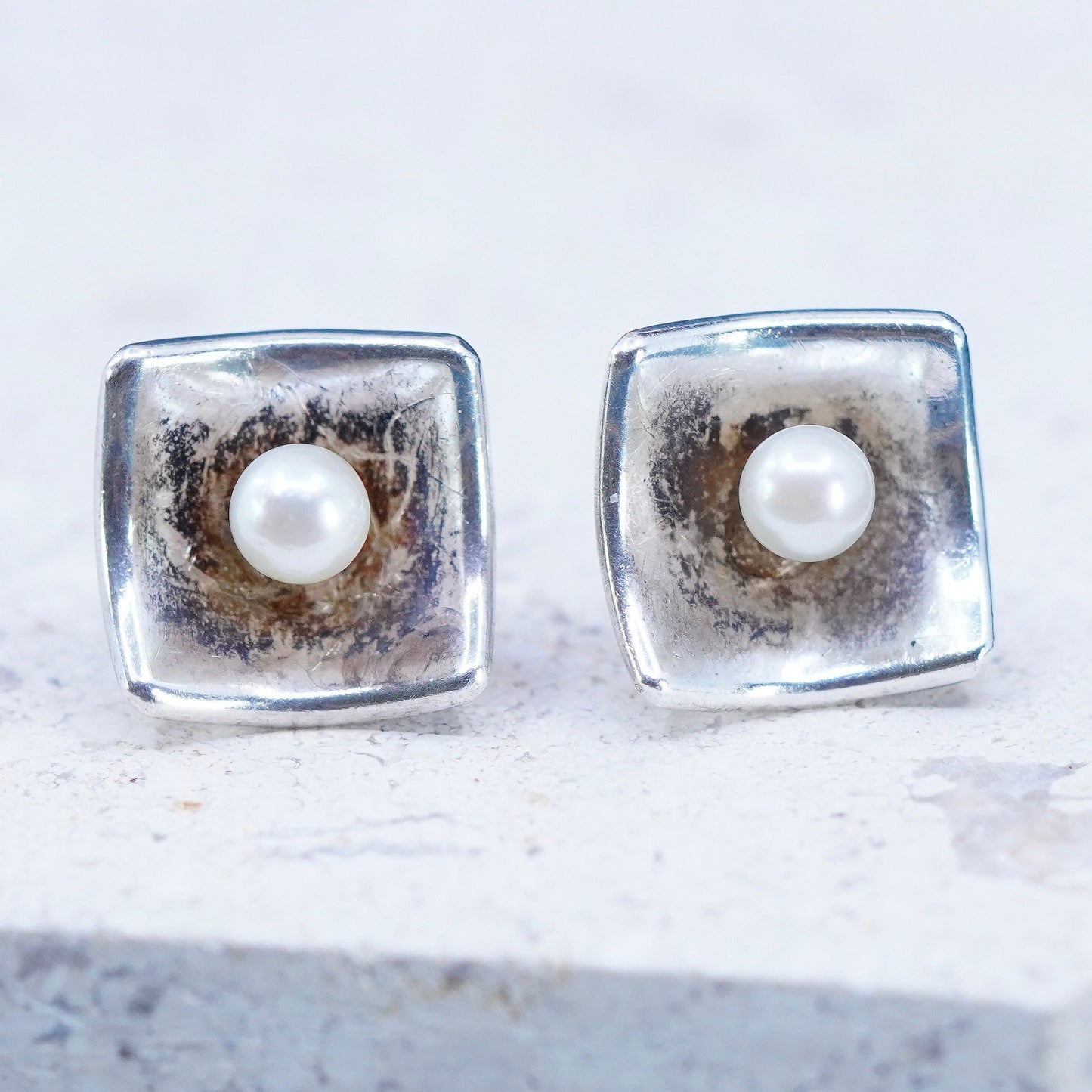 Vintage sterling silver handmade earrings, 925 square studs with pearl