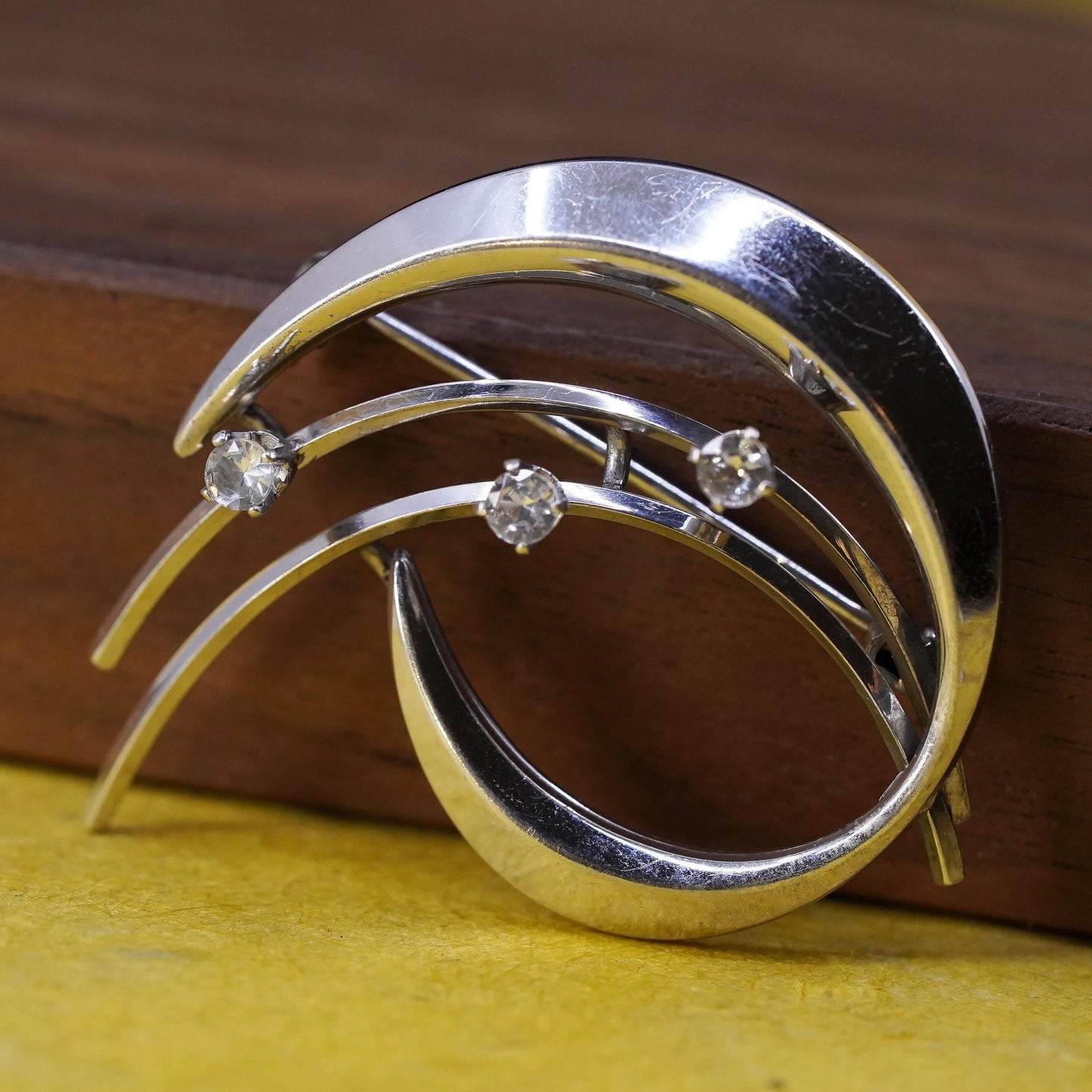 Vintage 1920s Art Deco handmade 835 silver flower brooch with rhinestones