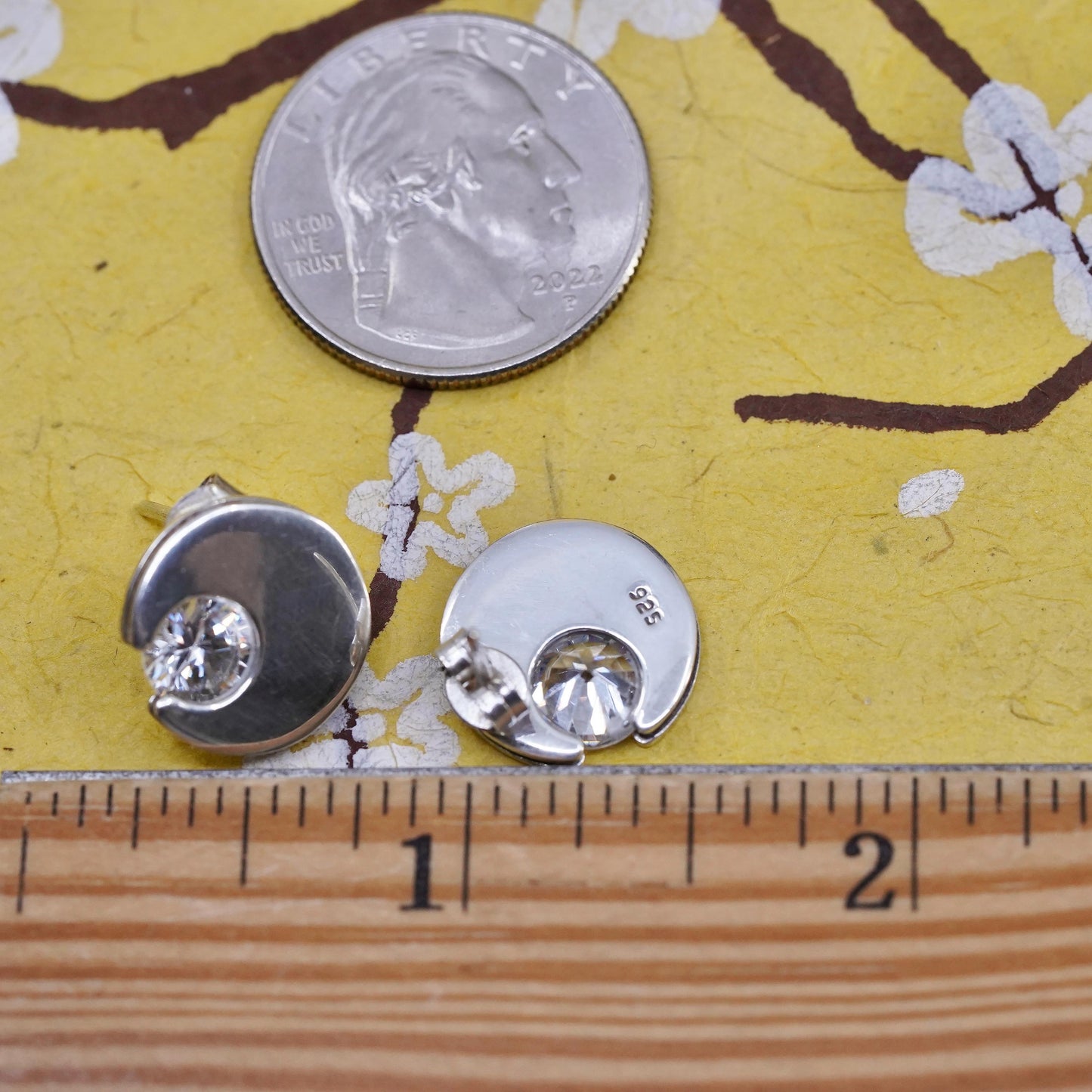 vintage Sterling silver handmade studs, circle moon earrings cz