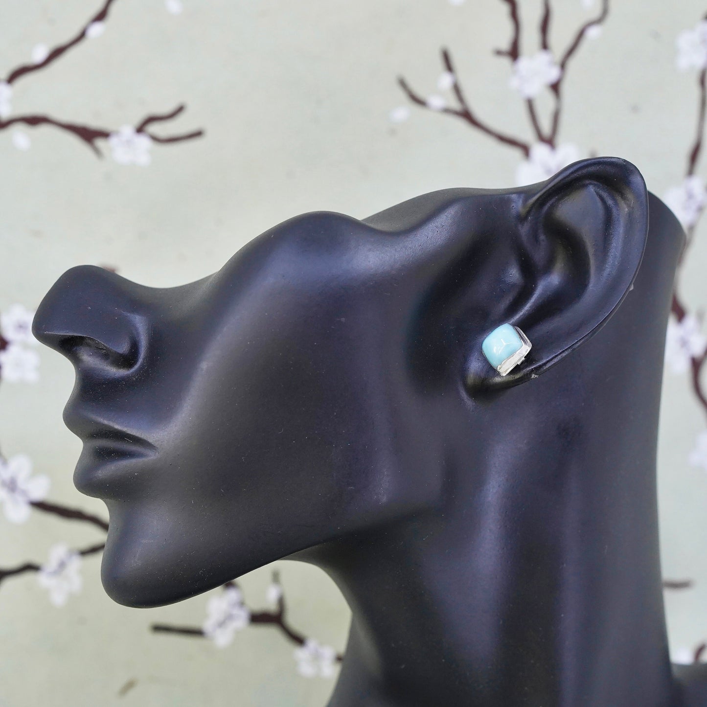Vintage sterling silver handmade earrings, 925 square studs with Larimar