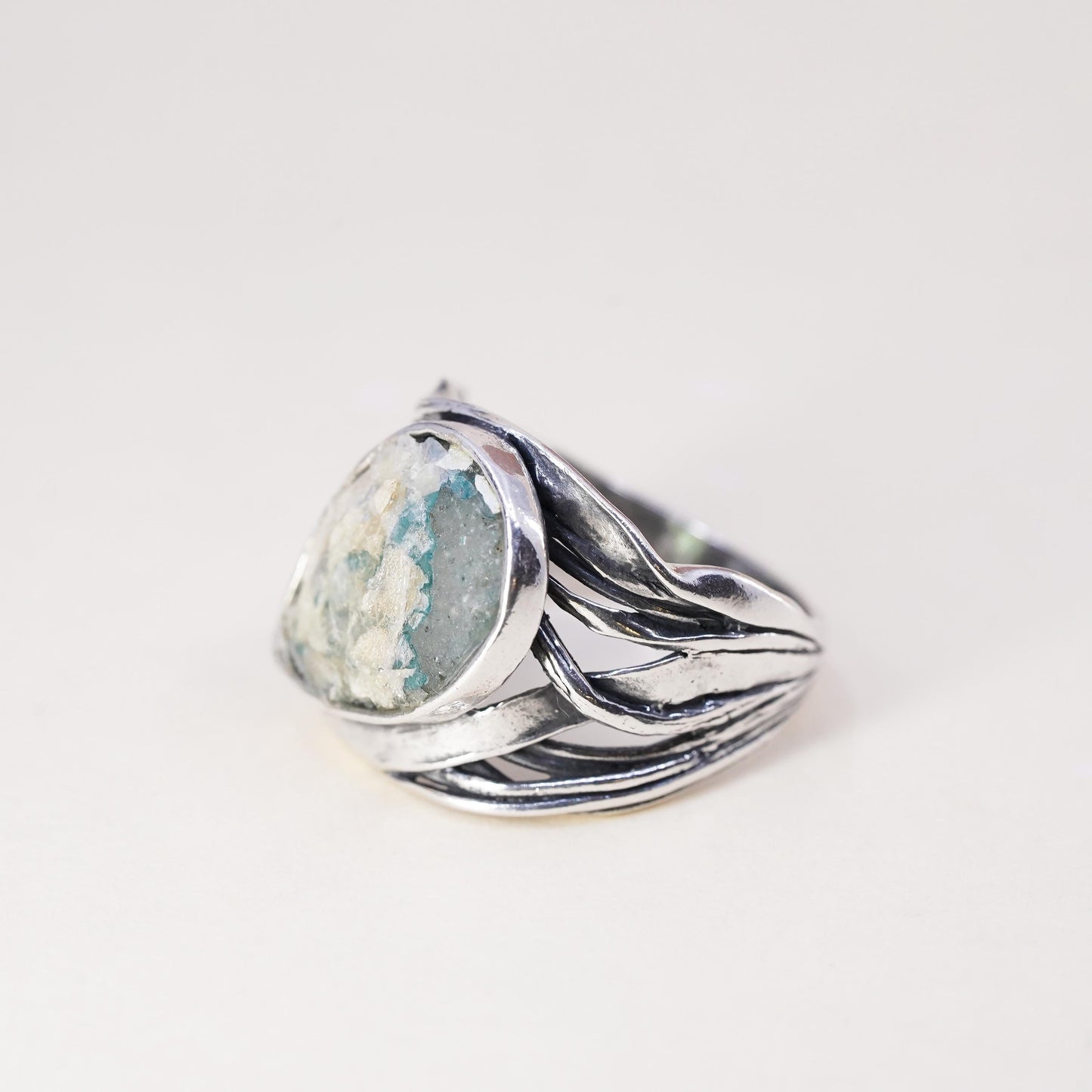 Size 10.25, Israel Pz Or Paz Sterling 925 silver ring teardrop Roman glass
