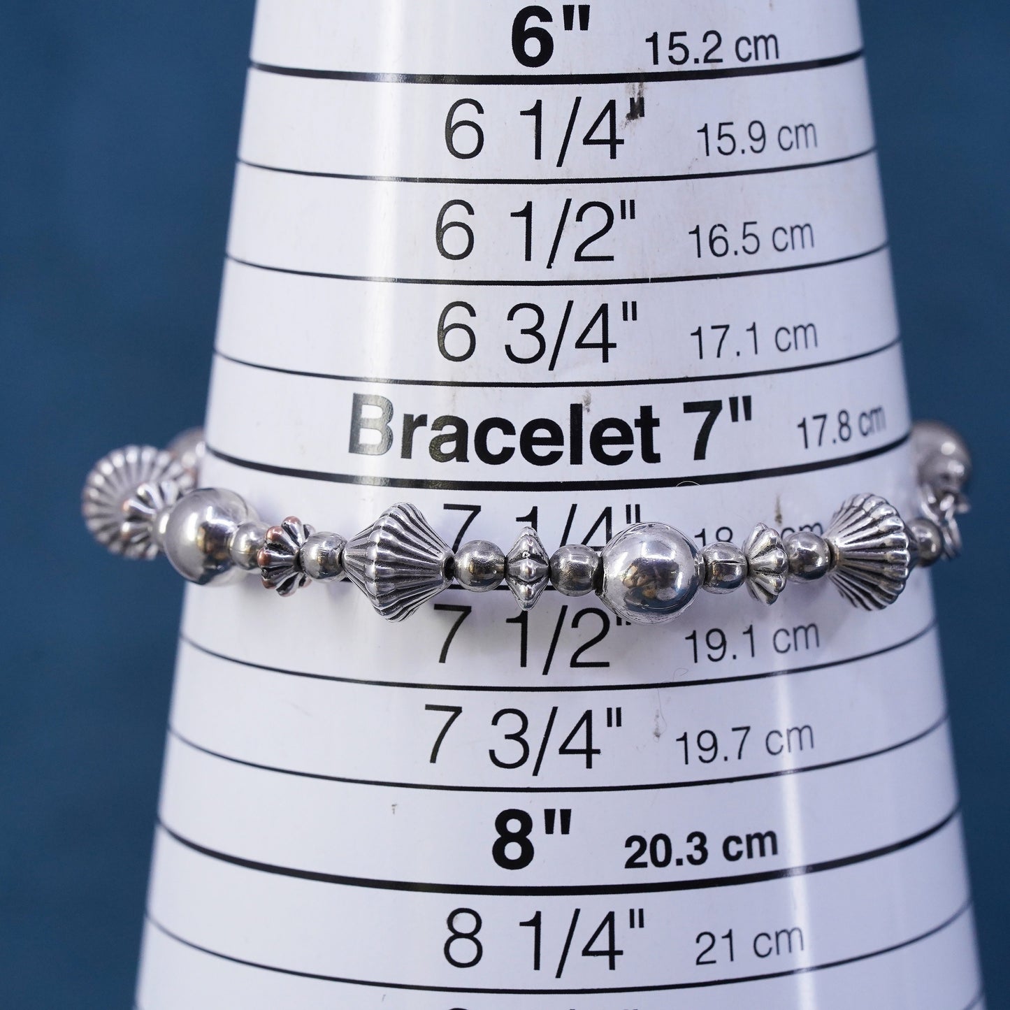 7.25", vintage silver tone handmade beaded bracelet