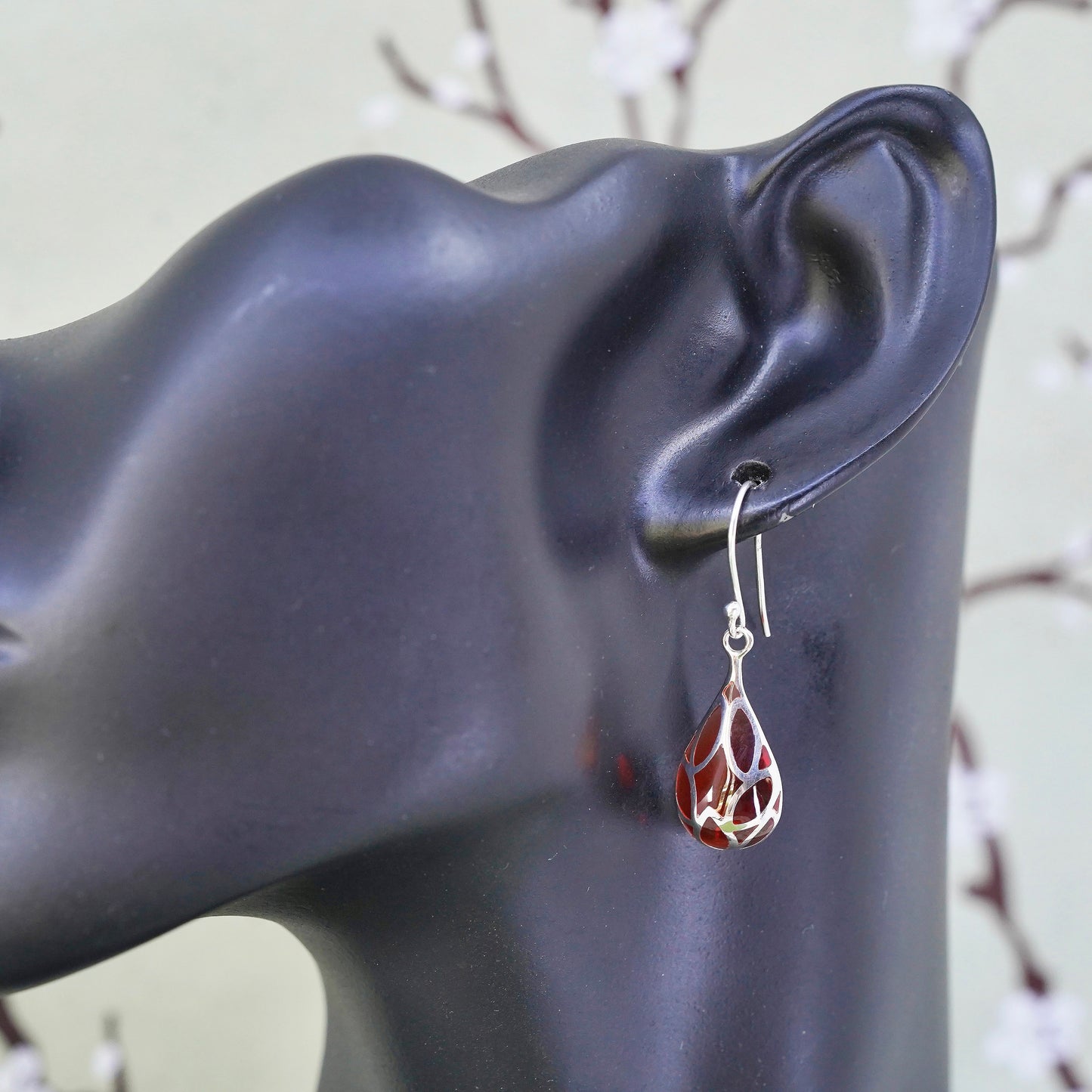 Vintage sterling 925 silver handmade teardrop earrings with red resin inlay