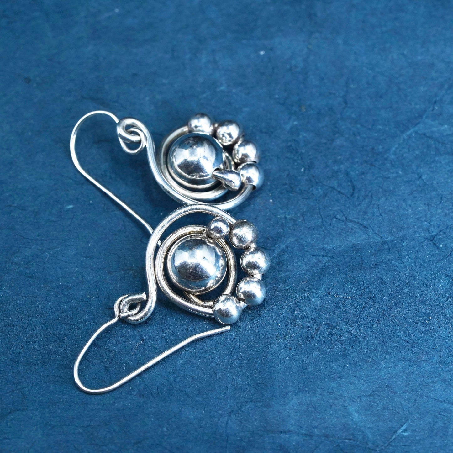 Vintage sterling silver handmade earrings, 925 silver beads sprial drops
