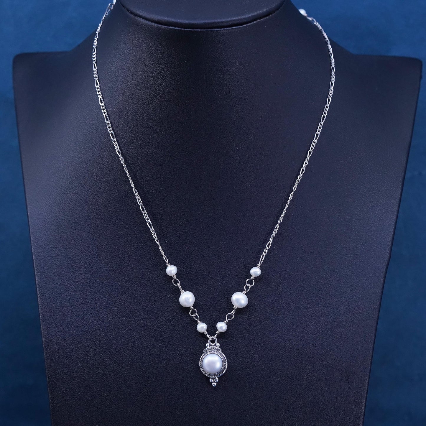 16+1” 2mm, vintage Sterling silver necklace, 925 figaro chain w/ pearl pendant