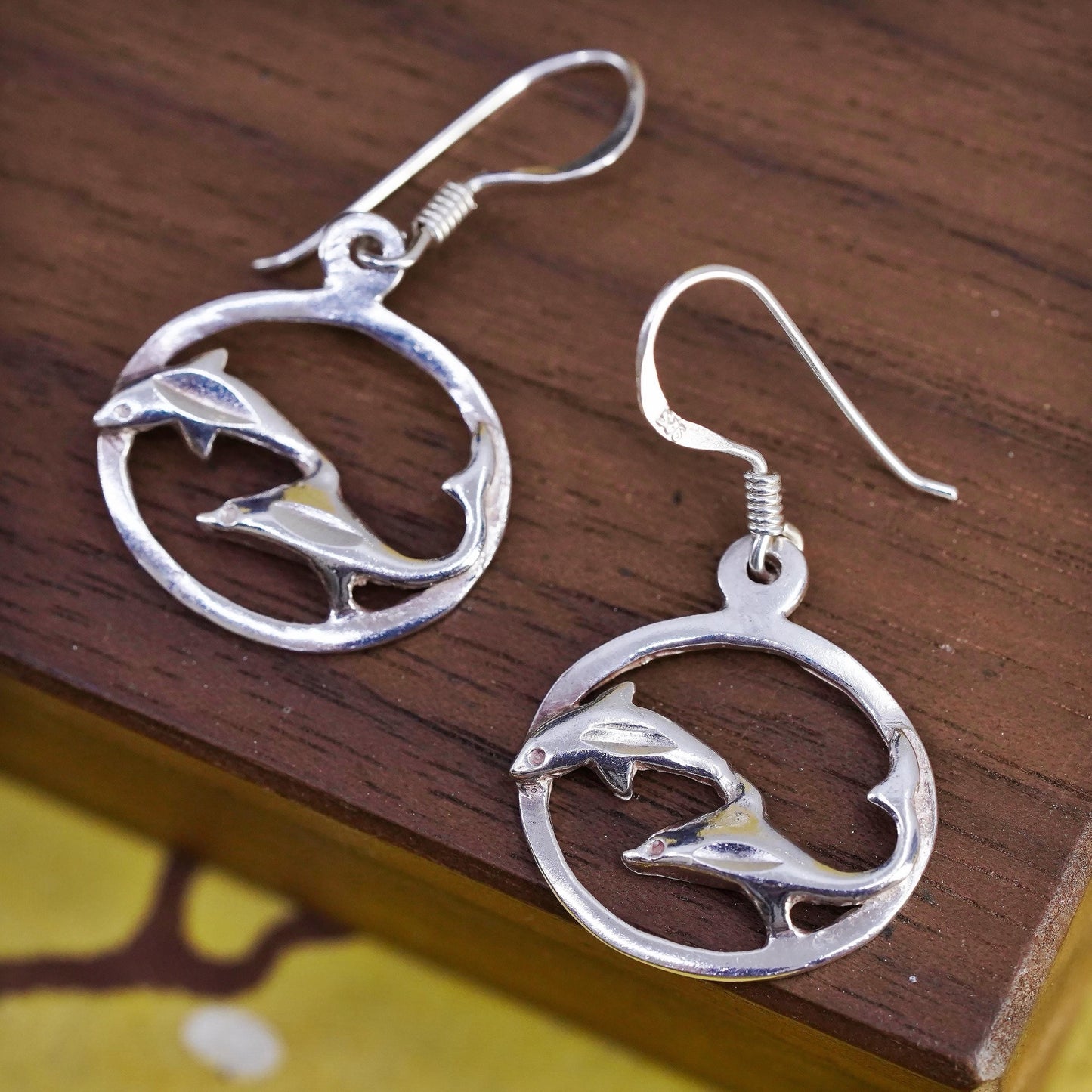 Vintage Sterling silver handmade earrings, 925 dolphin dangle