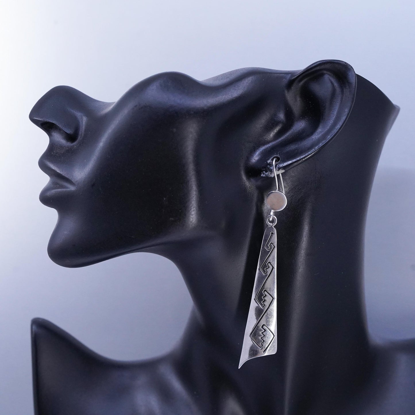 Vintage Mexican Sterling 925 silver handmade long earrings w/ Greek key cut out