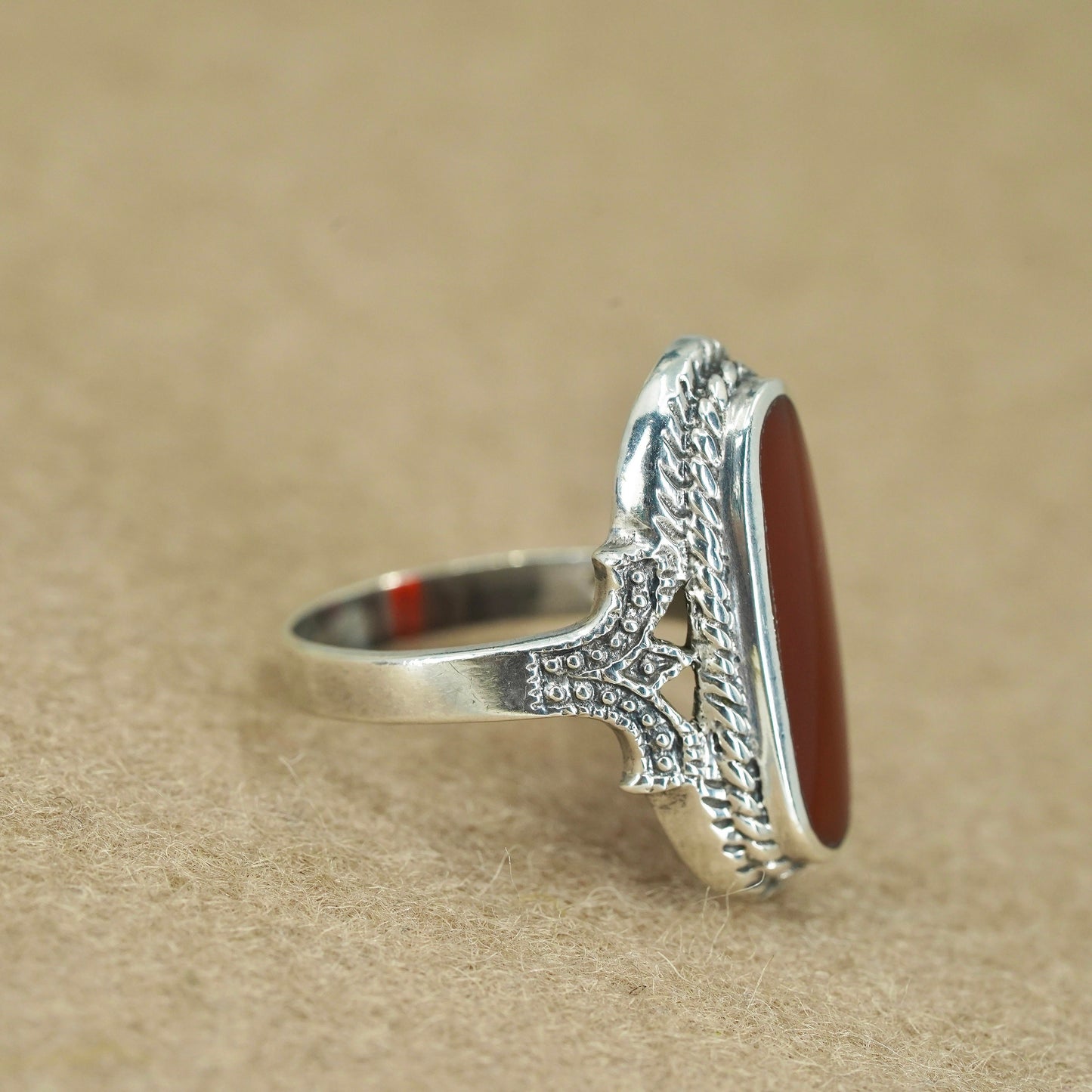 Size 9, southwestern Sterling 925 silver handmade ring with carnelian and cable