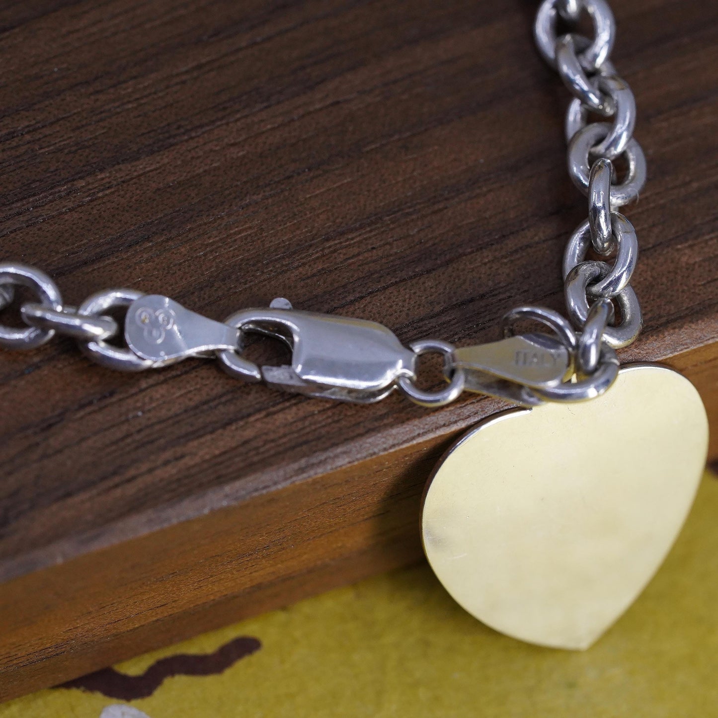 7”, Sterling silver bracelet, bold 925 circle chain with heart tag charm