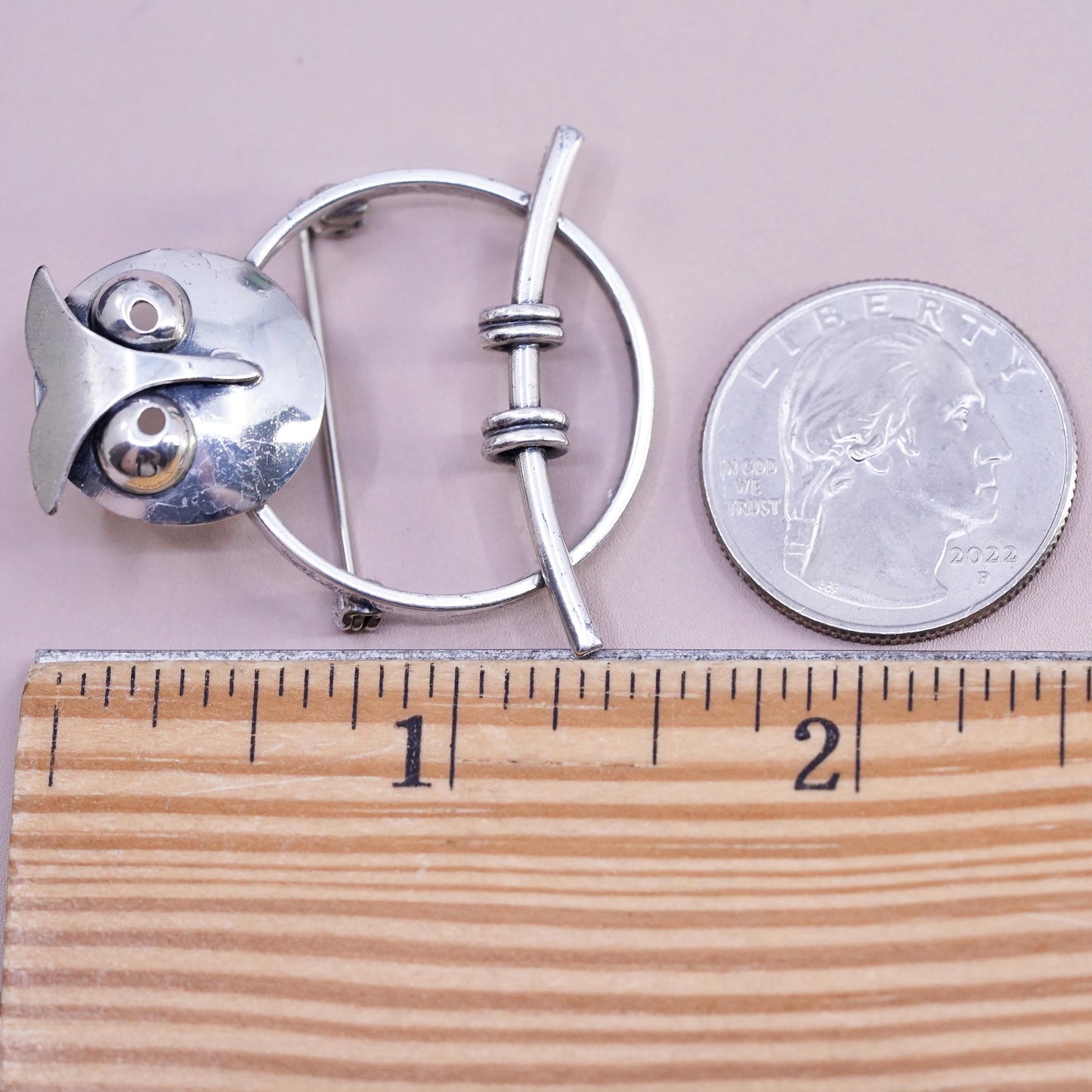 Vintage Beau sterling silver handmade brooch, simplified 925 owl pin