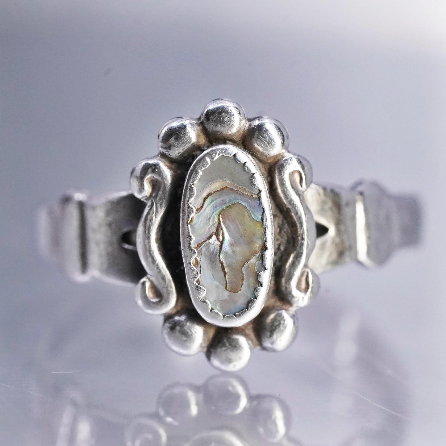 sz 5, Native American navajo Bell trading post Sterling 925 silver ring abalone