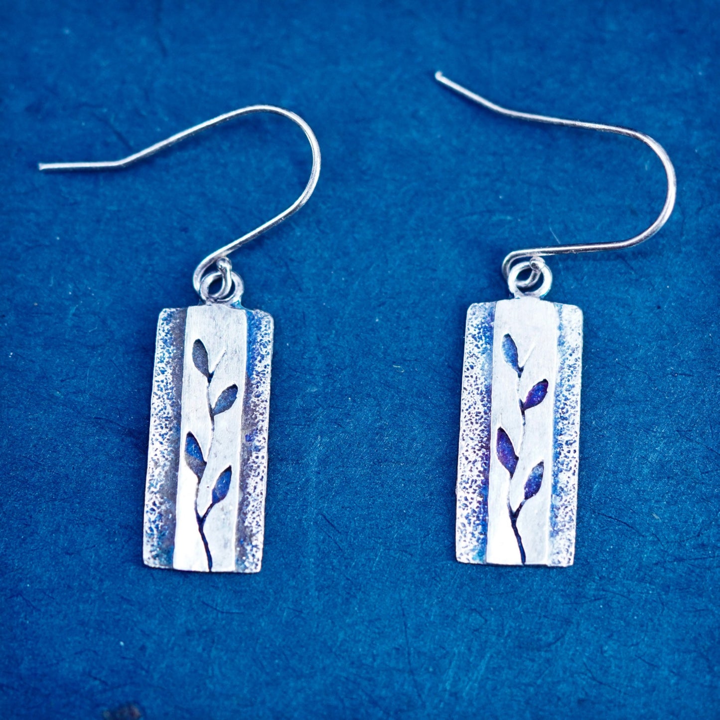 Vintage sterling silver handmade earrings, 925 leafy drops, stamped silver