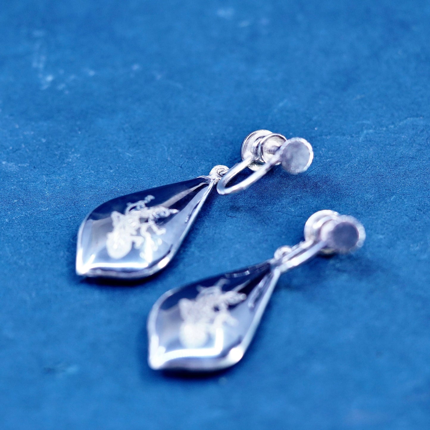 oxidized Sterling silver earrings, 925 screw back with Indian goddess teardrop