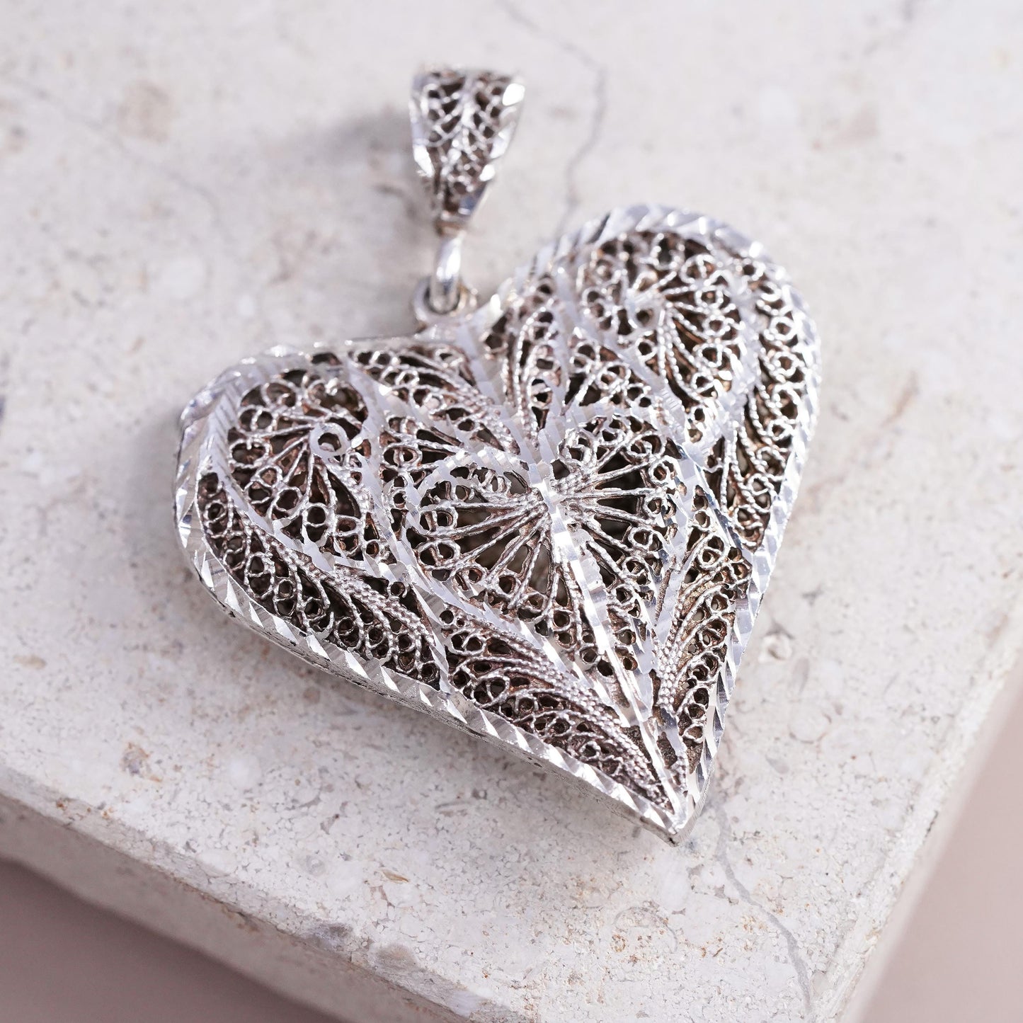 Vintage Sterling silver handmade pendant, 925 puffy filigree heart