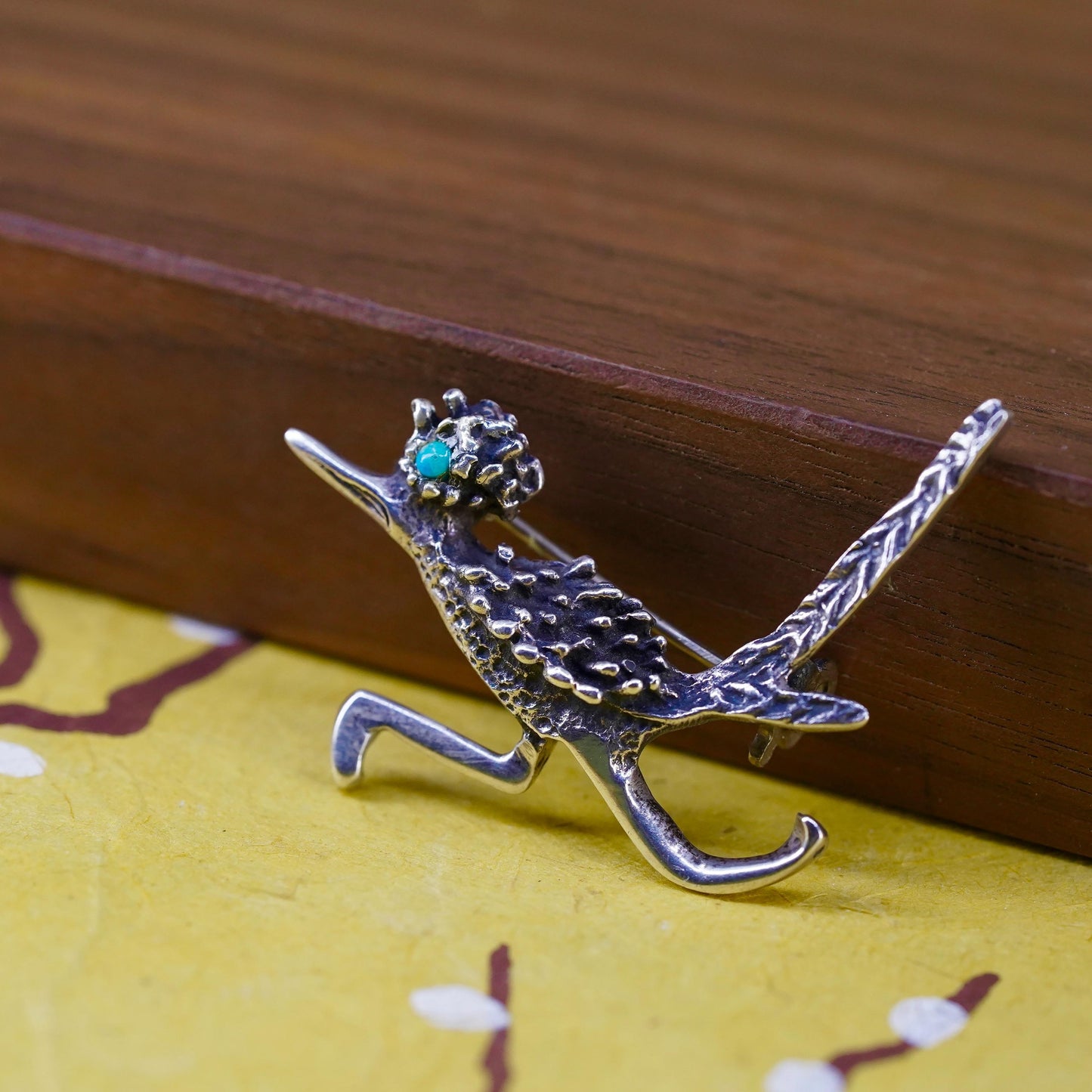 VTG sterling silver brooch, 925 Native American roadrunner bird pin turquoise