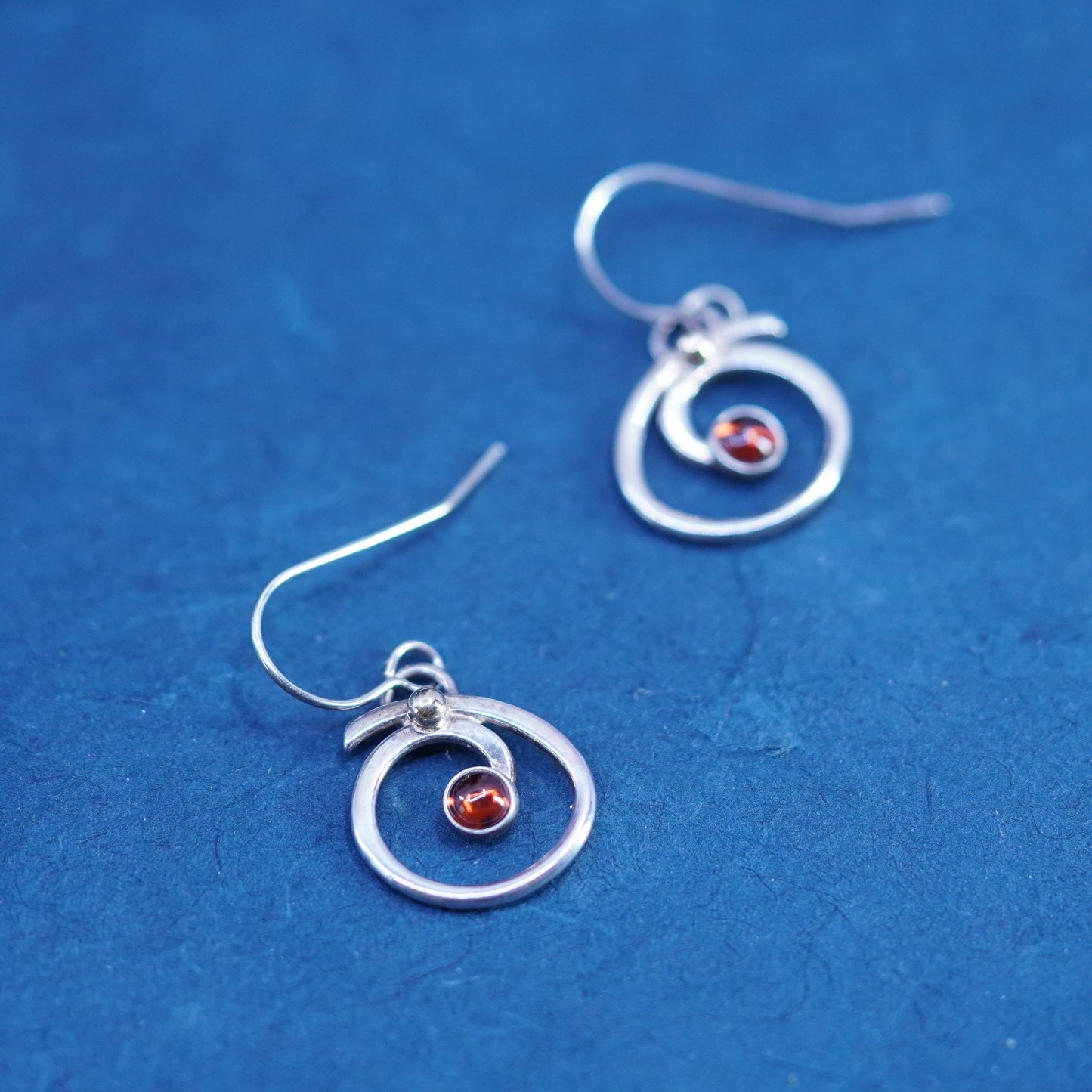 sterling silver handmade earrings, 925 twisted hopps with garnet beads drop