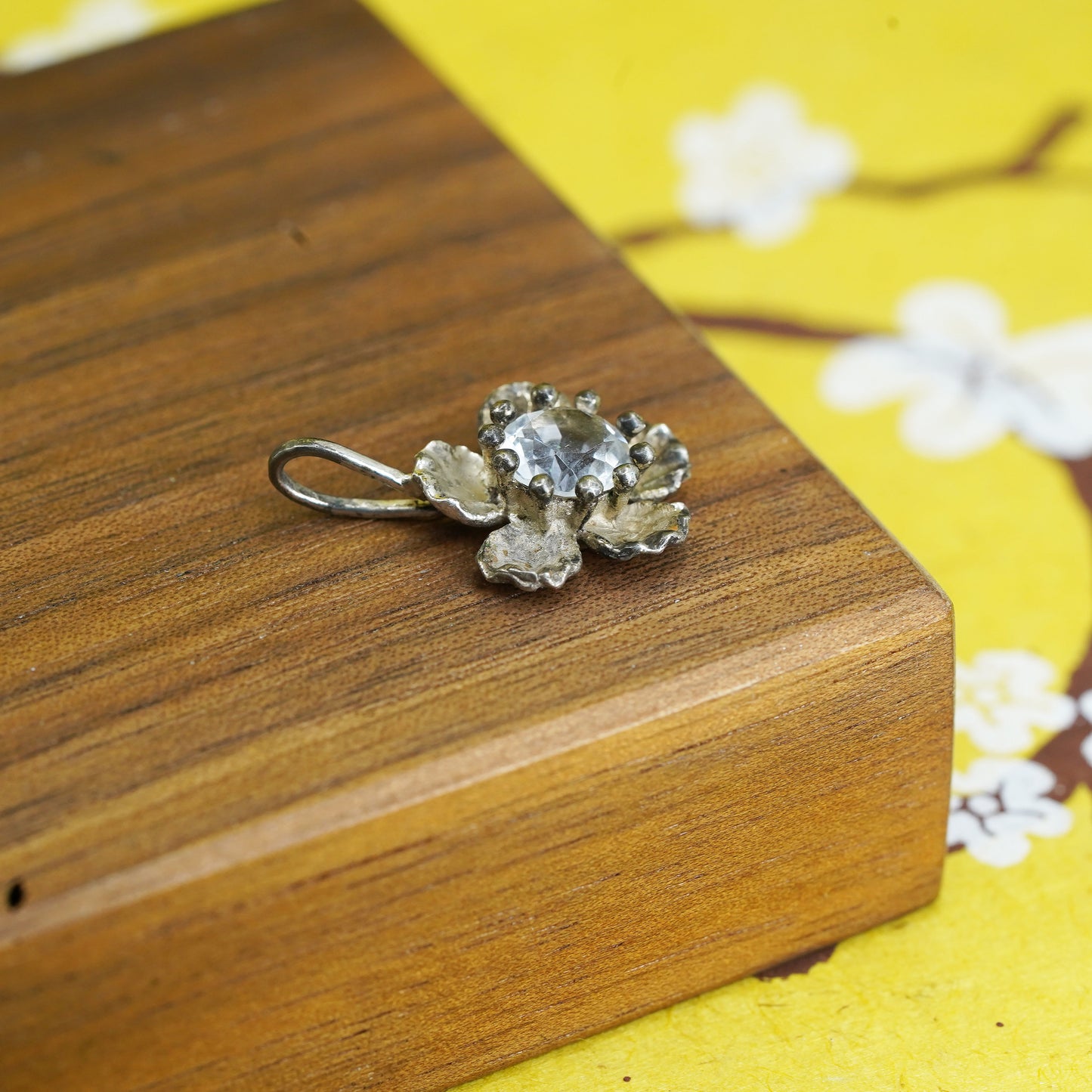 Vintage Sterling silver handmade plumeria flower pendant, 925 charm with Cz
