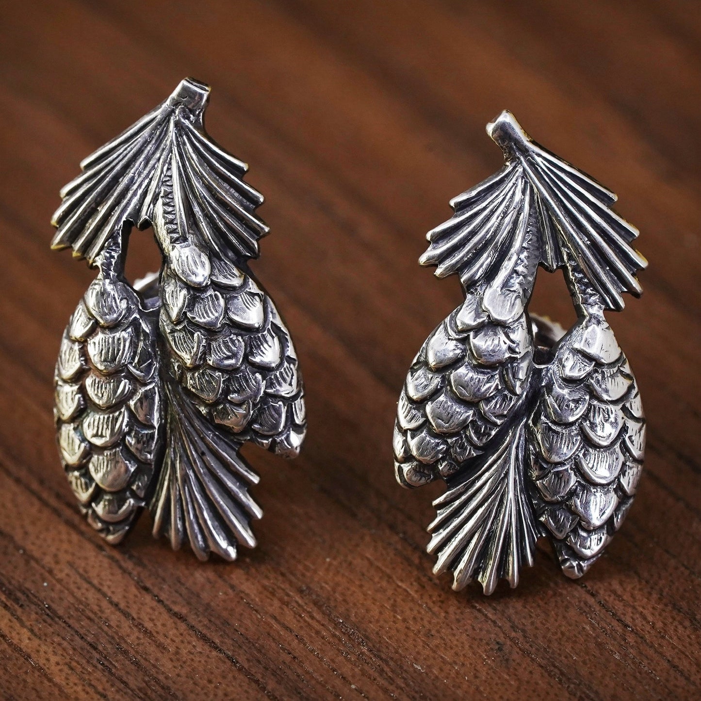 Vintage Sterling silver handmade earrings, 925 pinecone studs