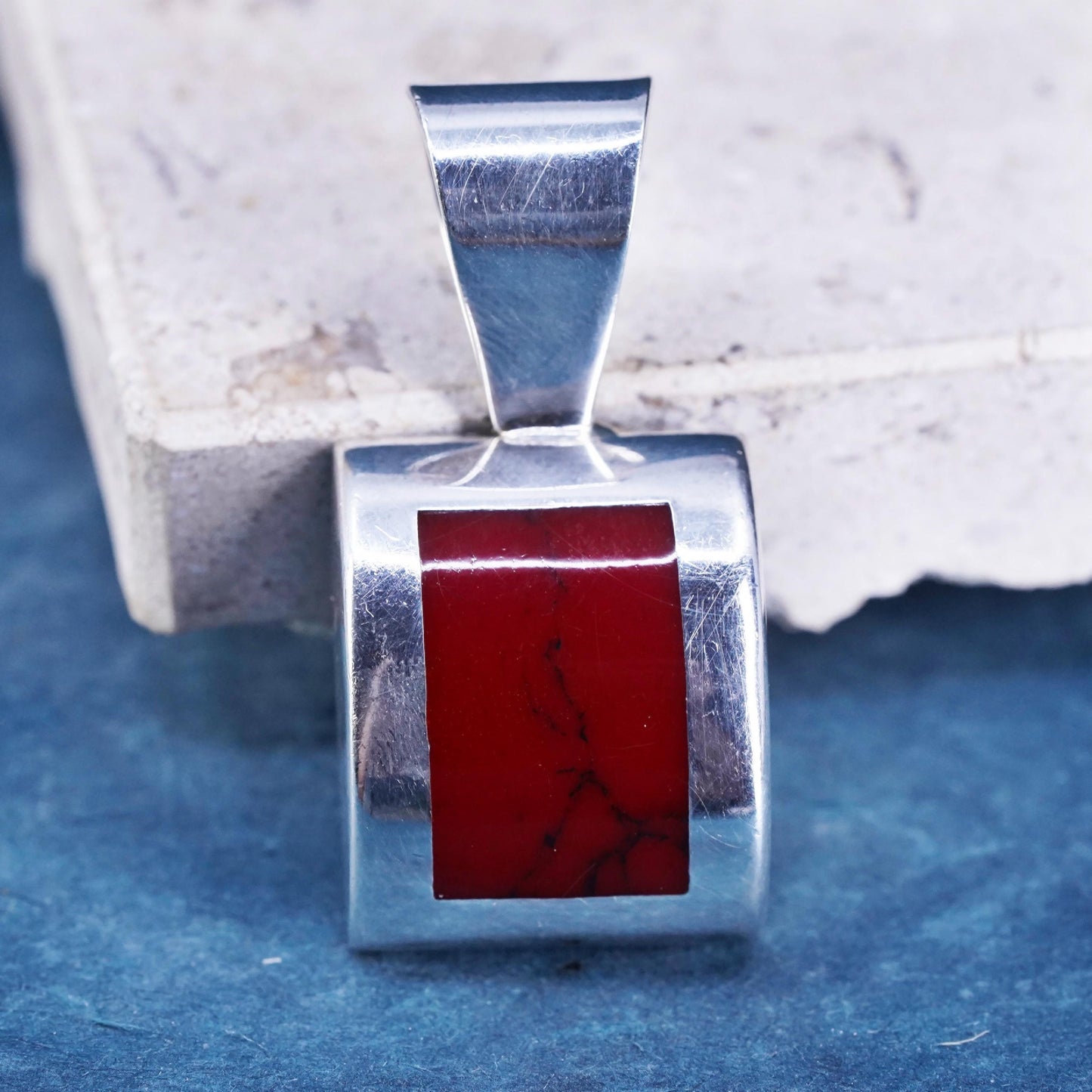 Vintage Mexican sterling 925 silver handmade rectangle pendant with red Jasper