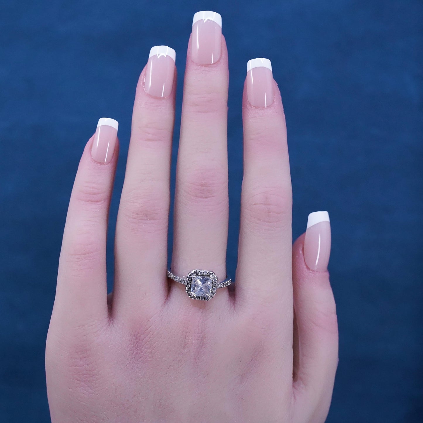 Size 8.25, vintage Sterling 925 silver engagement ring with cluster Cz around