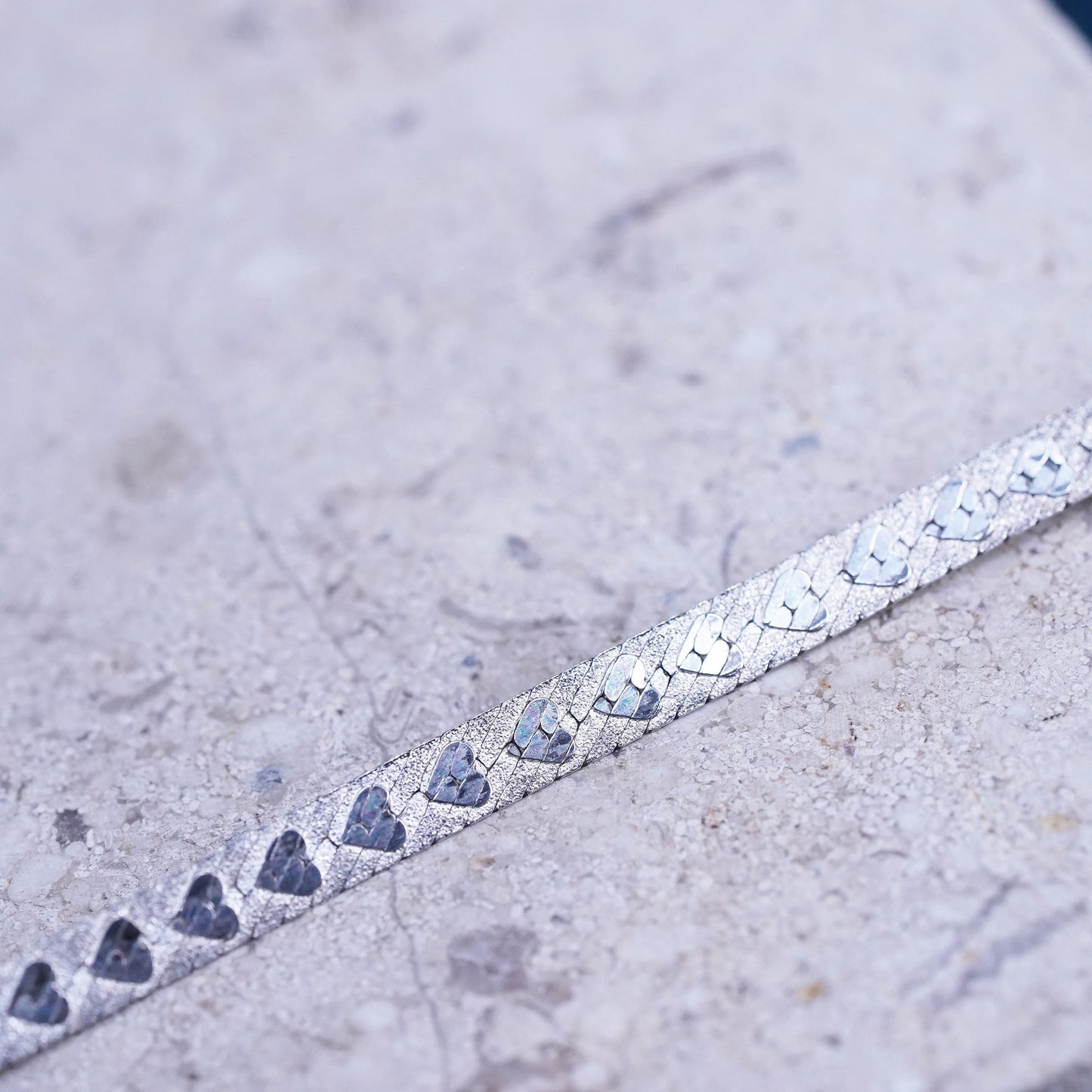 18”, vintage Sterling silver necklace, heart textured 925 herringbone chain