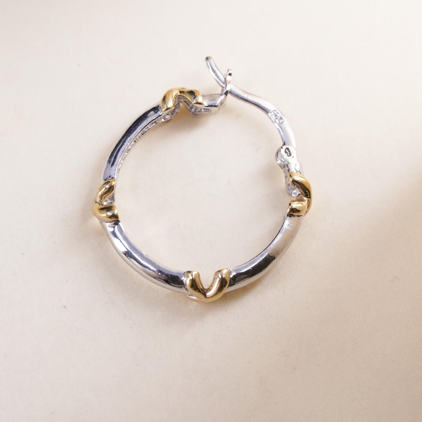 0.75", Vintage two tone sterling silver loop single earring, hoop with cross