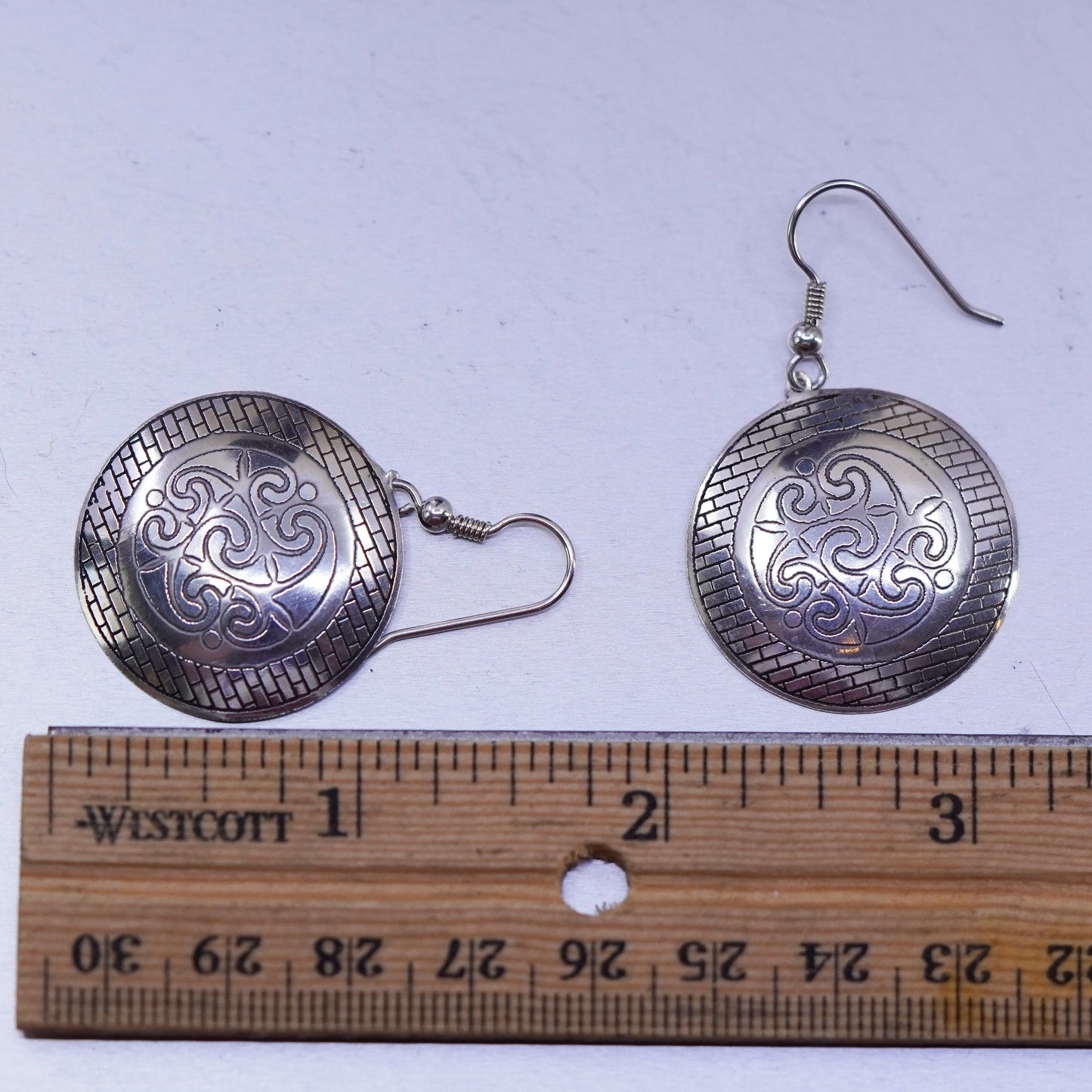 vintage Sterling silver handmade earrings, 925 textured disc dangles