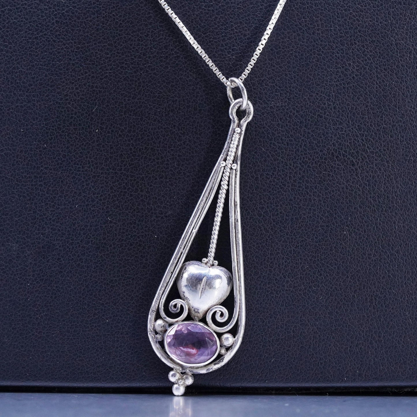 24", Vintage Sterling 925 silver box chain necklace teardrop amethyst pendant