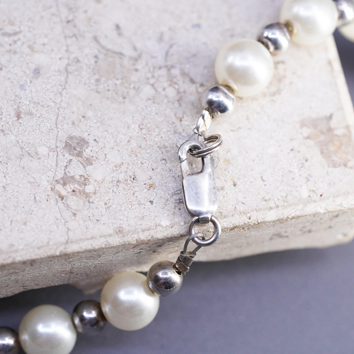 16", vintage sterling 925 Silver necklace with genuine pearl beads tag Letter A