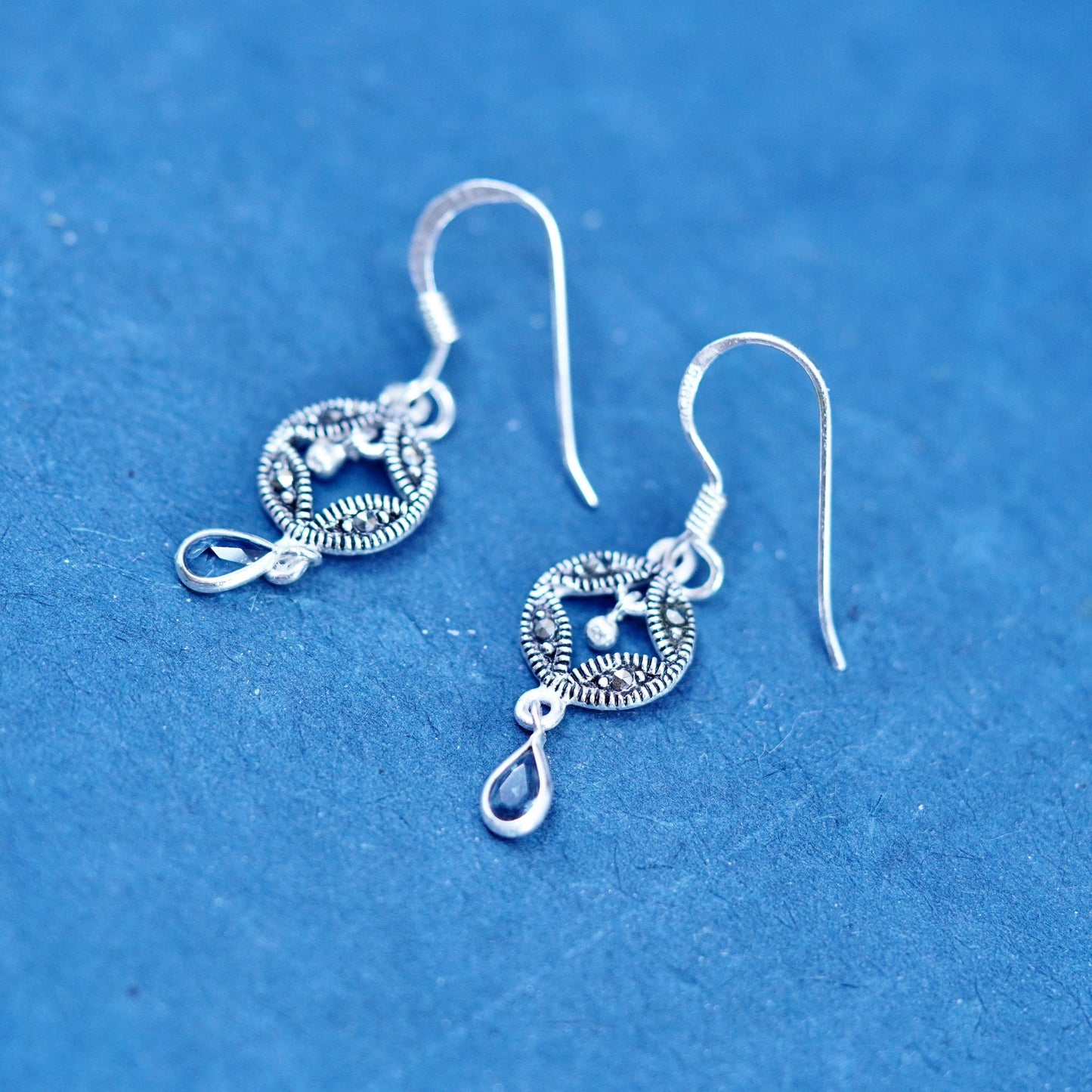 sterling 925 silver circle earrings with marcasite and teardrop smoky crystal