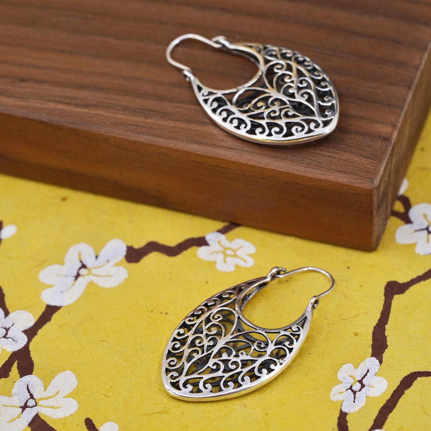 1.75", VTG Sterling silver filigree earrings, 925 handmade oval huggie hoops