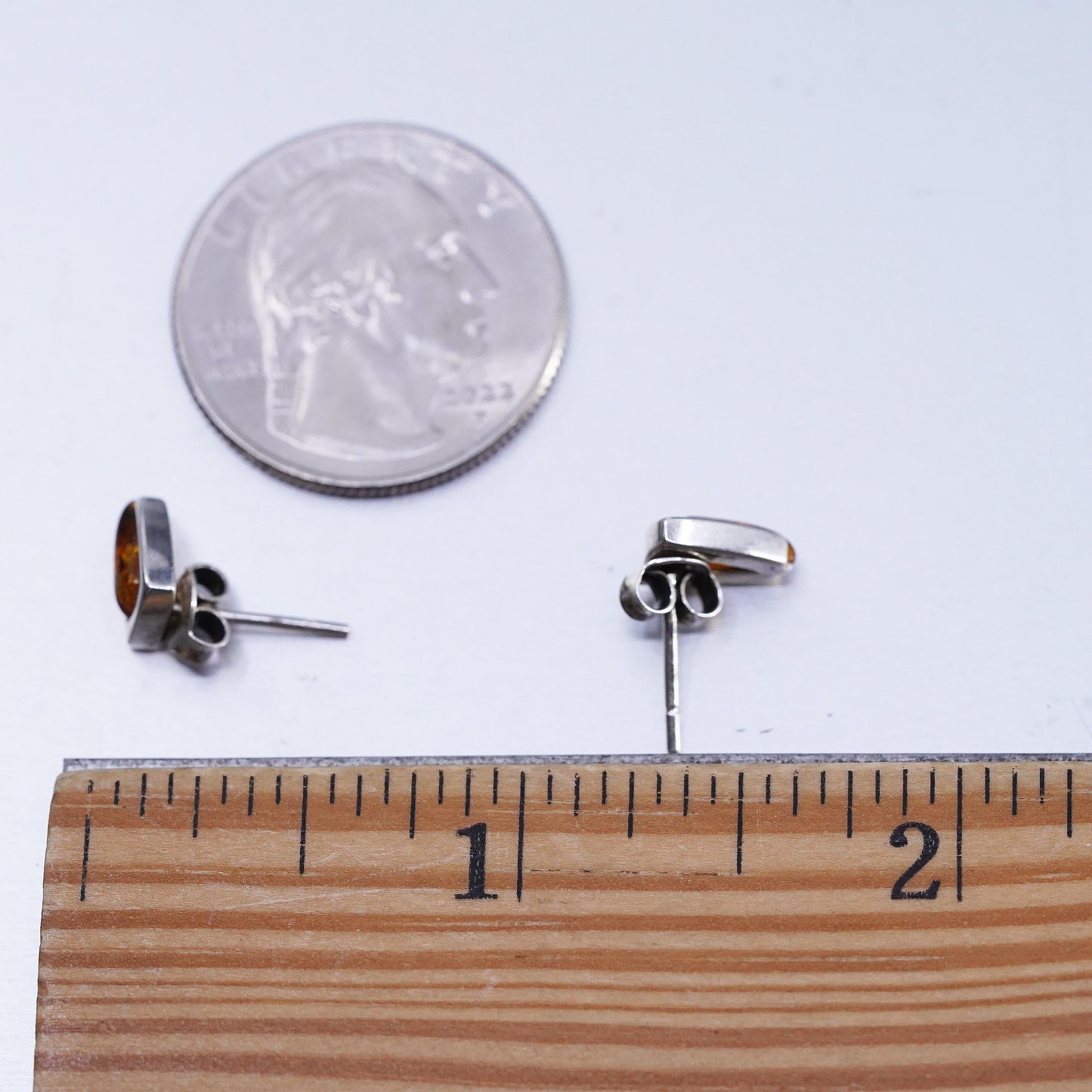 Vintage Sterling 925 silver handmade earrings, amber studs