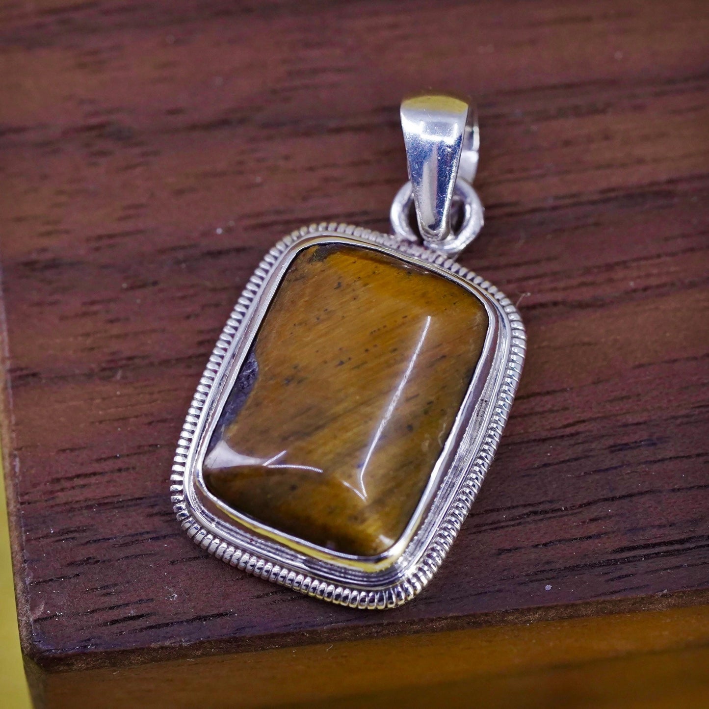 Vintage Sterling silver handmade pendant, Mexico 925 rectangle golden tiger eye