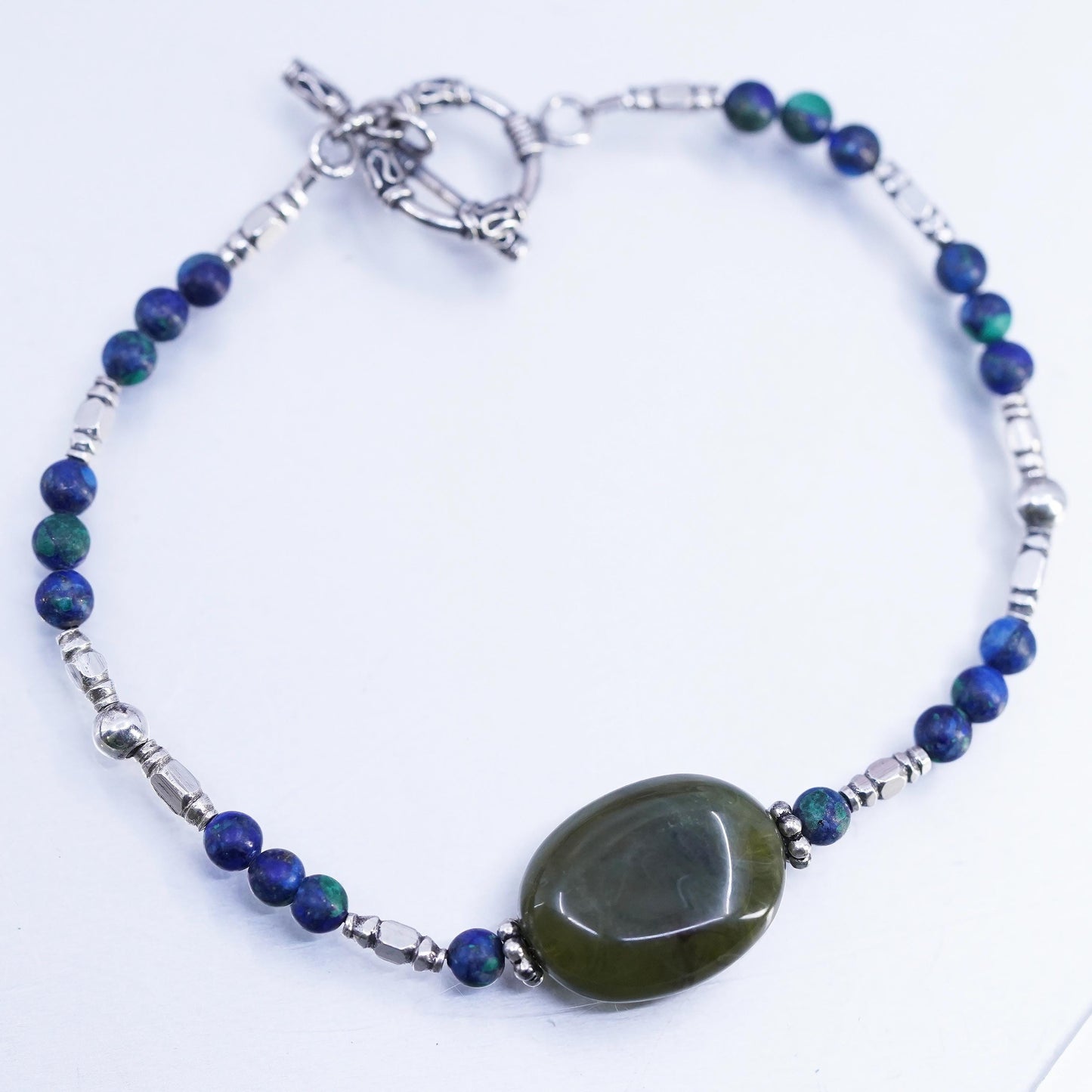 7.75", Vintage Sterling 925 Silver Handmade ammonite Bead Bracelet Jade charm