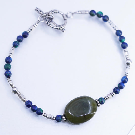 7.75", Vintage Sterling 925 Silver Handmade ammonite Bead Bracelet Jade charm