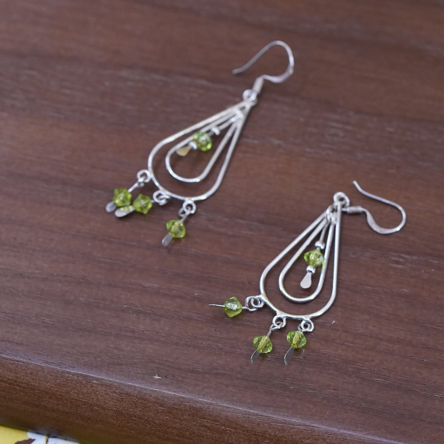 Vintage Sterling silver handmade earrings, 925 teardrop with peridot beads