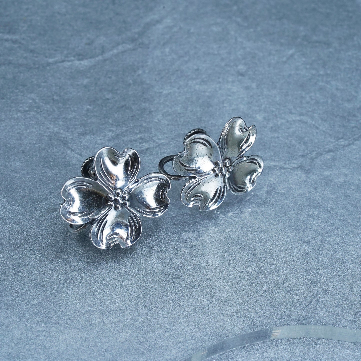 Vintage NYE Sterling 925 silver handmade earrings, screw back dogwood flower