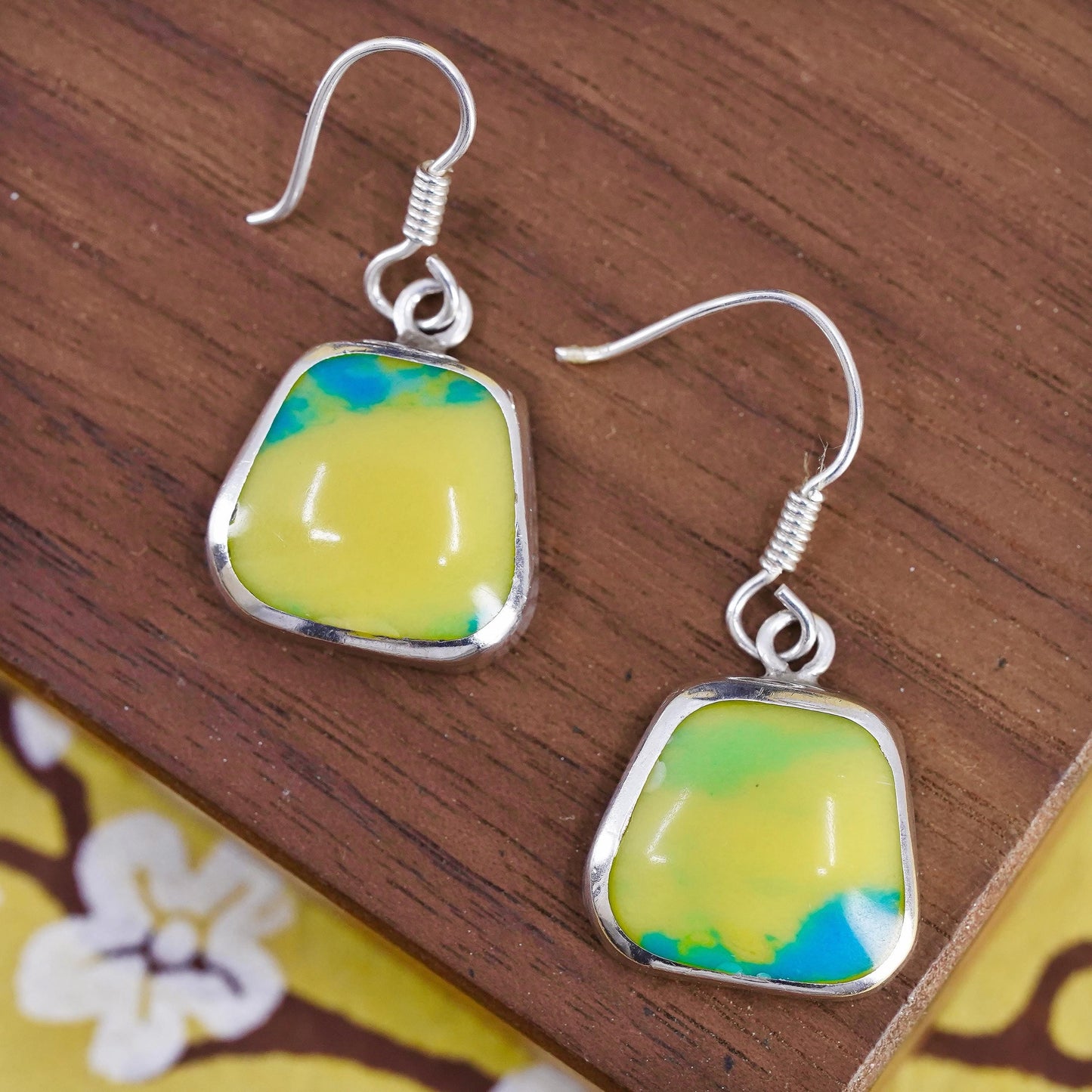 VTG Mexican sterling silver 925 handmade earrings green yellow artisan glass