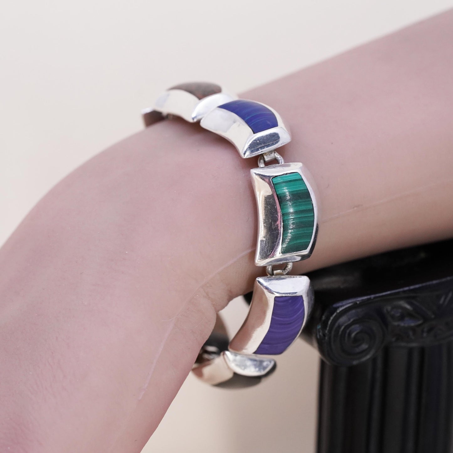 6.5", Vintage Mexican Sterling silver bracelet, 925 link with onyx malachite
