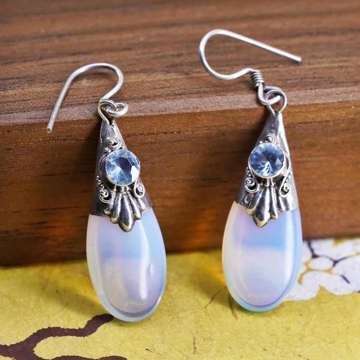 Vintage Sterling 925 silver handmade earrings with teardrop moonstone and topaz